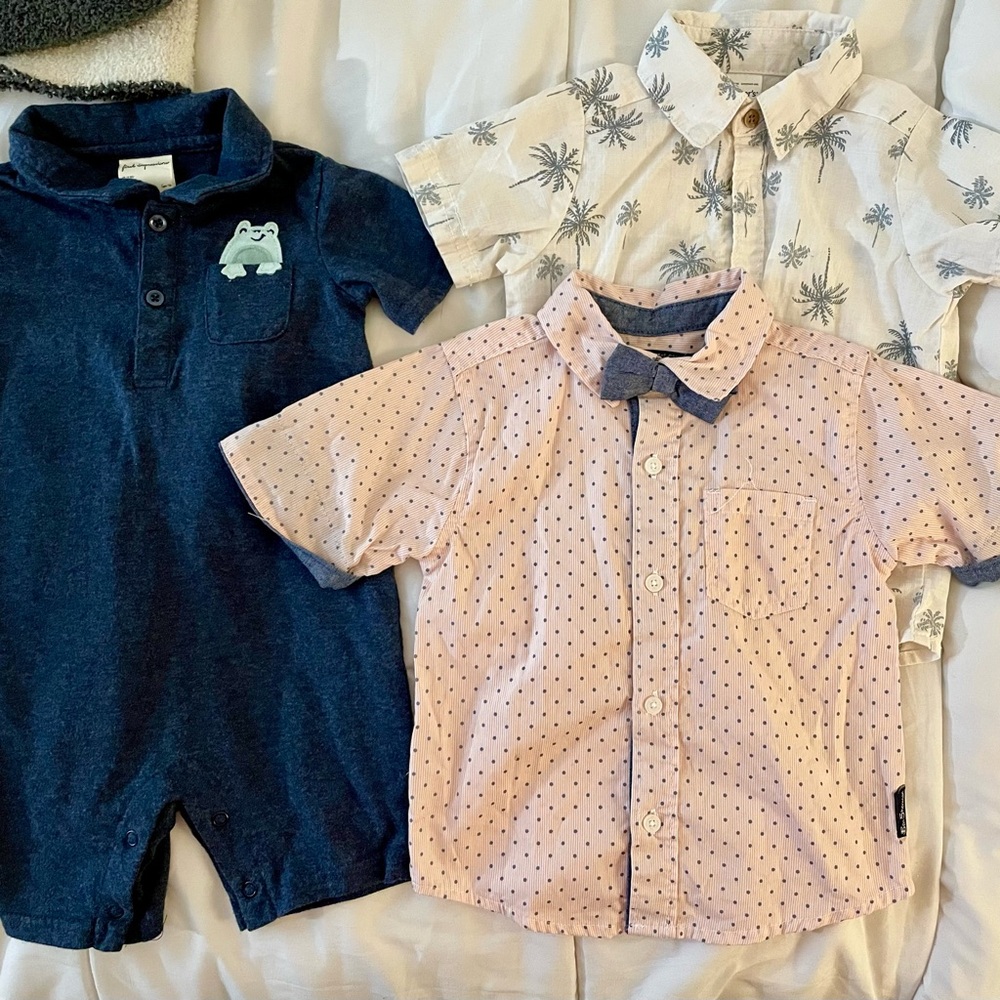 Boys White, and pale Pink Button Down Shirts, Frog Onesie with collar, 3 piece